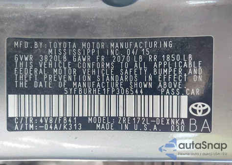 2015 Toyota Corolla L/Le/Le Plus/Le Premium/S/S Plus/S Premium z USA, uszkodzony, nr VIN 5YFBURHE1FP306544